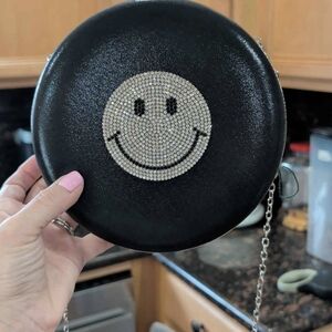 Black Round Cross Body with Rhinestone Smiley